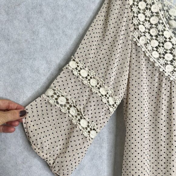 Laffaire Off White Lace Trim Semi Sheer Polka Dot 1/2 Sleeve Boho Blouse Sz SM - Picture 4 of 9